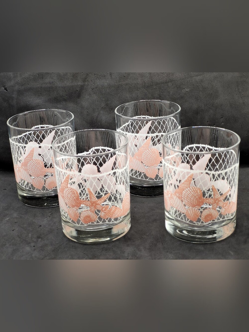 Vintage Set Of 4 Shafford Rocks Glasses Nautical Seashell Beach Themed Barware